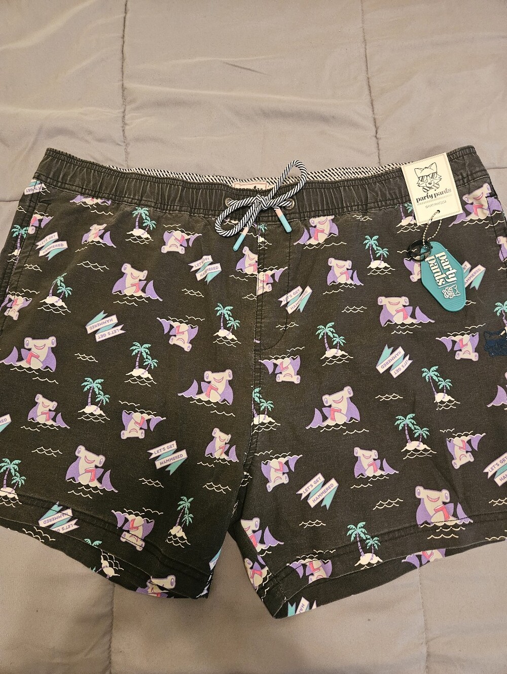 Party Pants Black Swim Shorts with Purple Hammer Shark Print